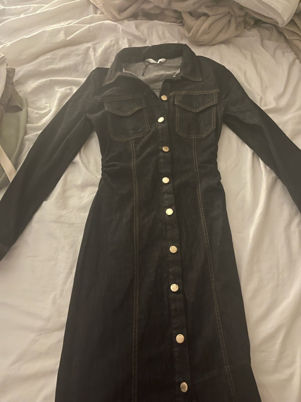 Zara Black Long-Sleeve Button-Front Denim Dress